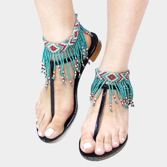 NWT Boho Turquoise Red Beaded Fringe Anklet Southwestern Statement